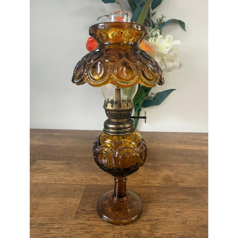 Vintage Moon Stars Fairy Lamp Amber Glass Oil Lamp Pressed‎ Glass MCM Decor